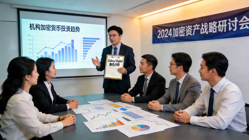 分析师在会议室讨论机构加密货币投资趋势与Galaxy Digital的角色