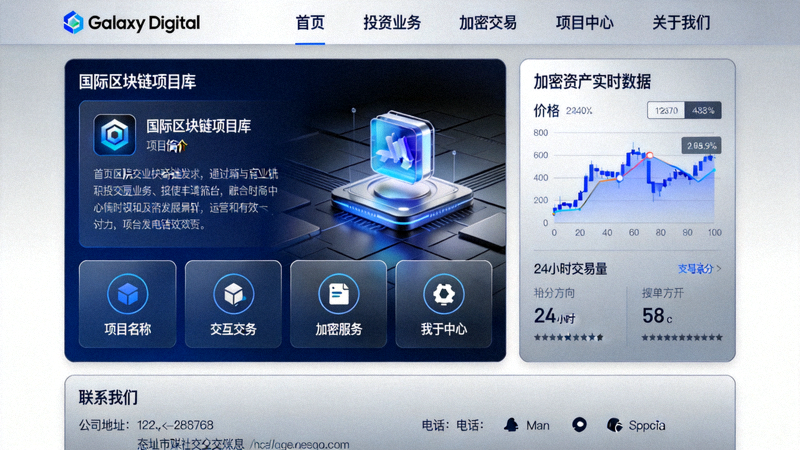 Galaxy Digital官方网站界面截图，展示其作为国际区块链与加密项目中心的功能布局